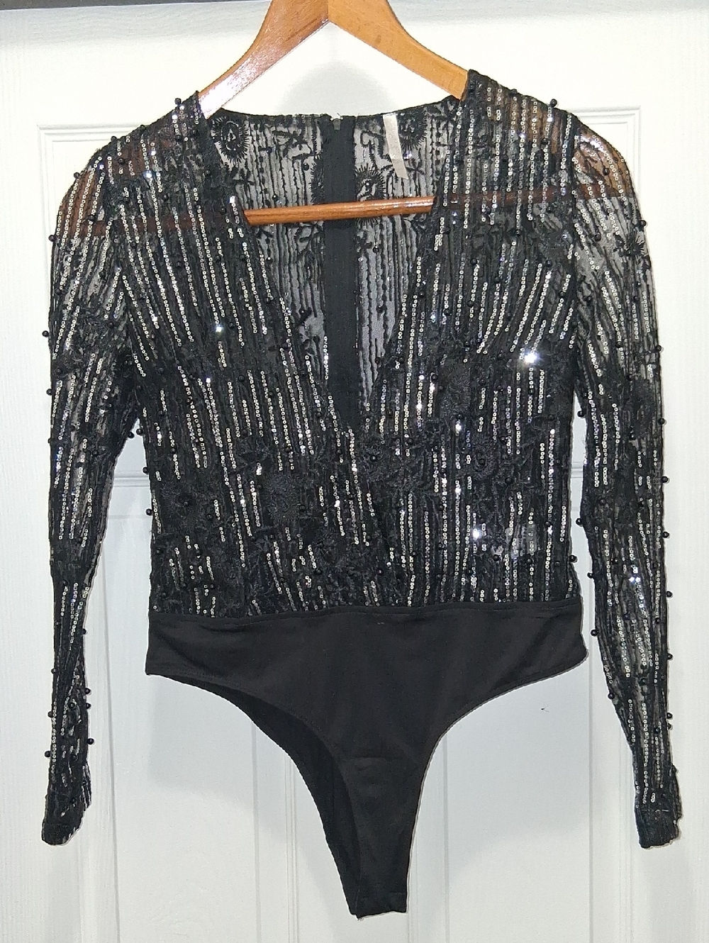 Black Sequin Long-Sleeve  Bodysuit